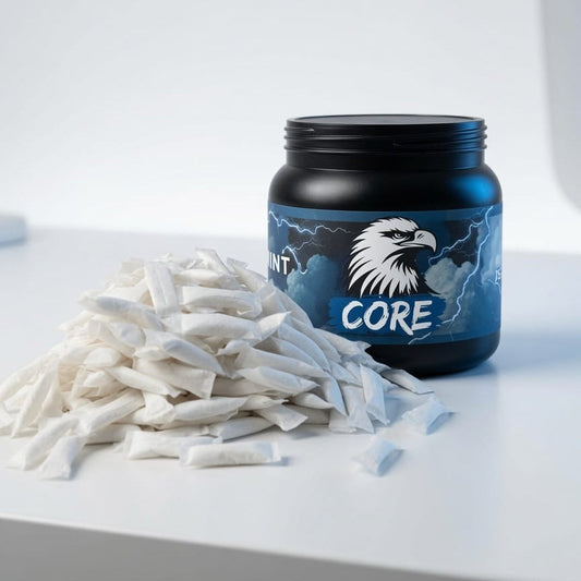 CORE Mint 250g Vorteilspackung mit zahlreichen All White Nicotine Pouches vor der Grossdose – tabakfreie Nikotinbeutel mit Mint-Geschmack.