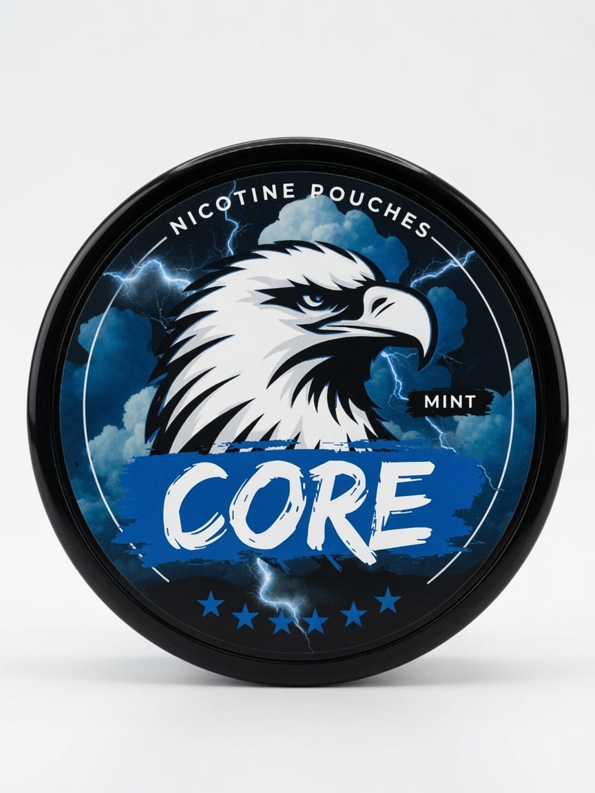 Auf dem Bild ist eine Schwarze Büchse ersichtlich ca 10cm hoch und 10 cm breit, es hat auf dem Deckel eine Etikette mit einem Adlerkopf welcher weiss ist und unten ist das Core Logo auf blauem splash Hintergrund. Es handelt sich um eine 250gr Vorteilsbüchse mit Nikotinbeutel der Marke Core mit 15.6mg Nikotin