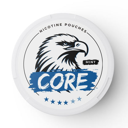 Core Mint Nicotin Pouches hergestellt in der Schweiz im Glarnerland Snusdose mit eine Adlerkopf und blauem farbstreifen mit der Schrift Core