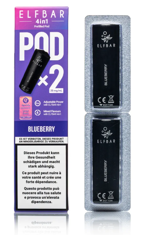 ELFBAR 4in1 Pods Blueberry 20 mg in der Originalverpackung mit fruchtigem Blaubeer-Design. Vorgefüllte Pods für das ELFBAR 4in1 Pod-System mit intensivem Blueberry-Geschmack und 20 mg Nikotinsalz.