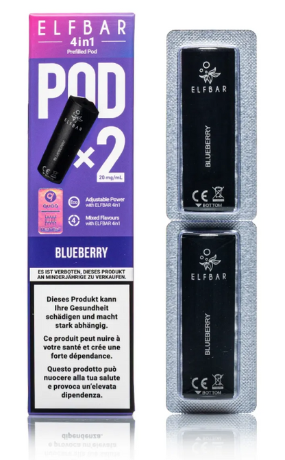 ELFBAR 4in1 Pods Blueberry 20 mg in der Originalverpackung mit fruchtigem Blaubeer-Design. Vorgefüllte Pods für das ELFBAR 4in1 Pod-System mit intensivem Blueberry-Geschmack und 20 mg Nikotinsalz.