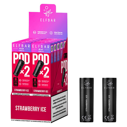 ELFBAR 4in1 Pods Strawberry Ice 20 mg in der Originalverpackung. Vorgefüllte Pods für das ELFBAR 4in1 Pod-System mit süßem Erdbeer-Geschmack, erfrischender Ice-Note und 20 mg Nikotinsalz.