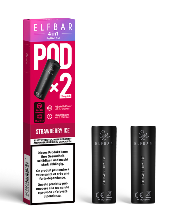 ELFBAR 4in1 Pods Strawberry Ice 20 mg in der Originalverpackung. Vorgefüllte Pods für das ELFBAR 4in1 Pod-System mit süßem Erdbeer-Geschmack, erfrischender Ice-Note und 20 mg Nikotinsalz.