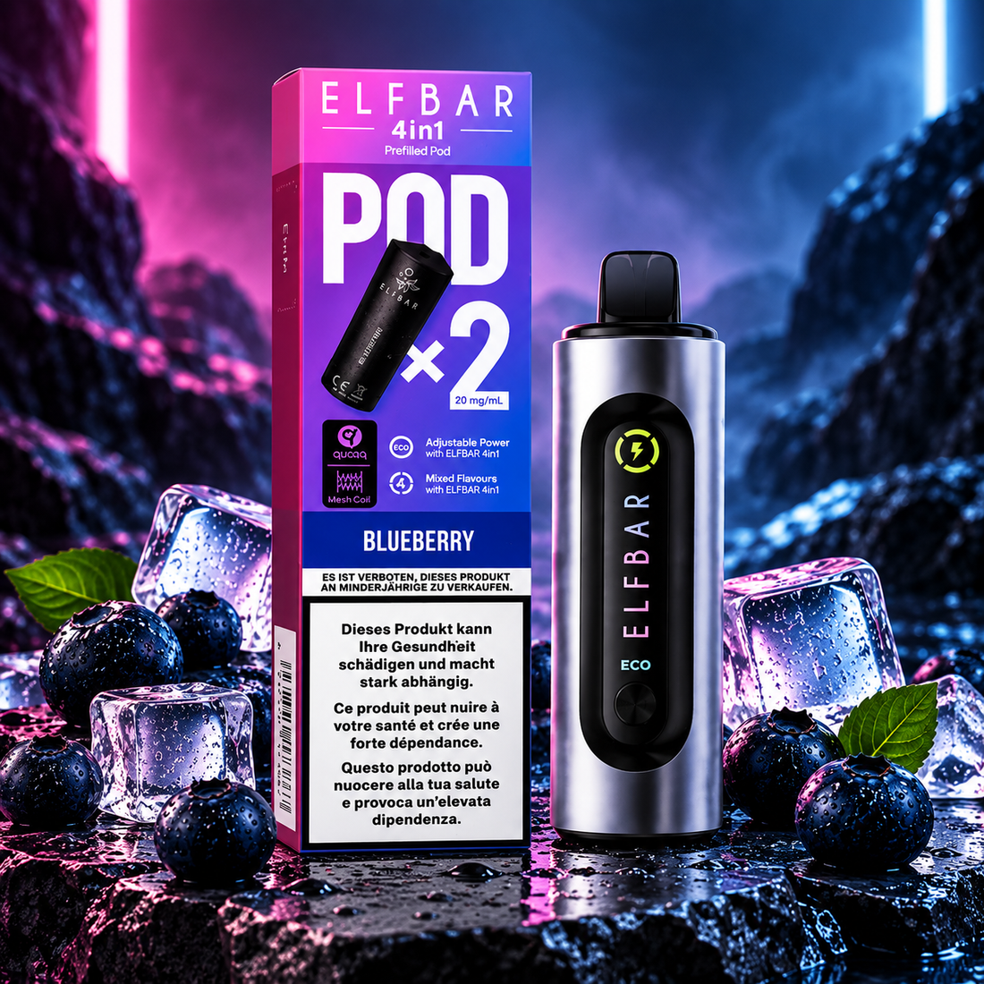 Elfbar 4 in 1 Bild mit einer grauen Vape mit farbiger SCHRIFT UND EINE Karton Verpackung im Hintergrund sind Felsen zu sehen und zwei Neonstreifen in Pink und blau