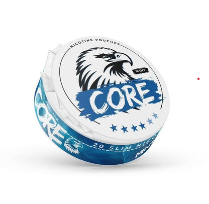 Core mint Nicotine Pouches  Swiss Made Snus Dose mit Adlerkopf und Core Schriftzug auf blauen Untergrund.